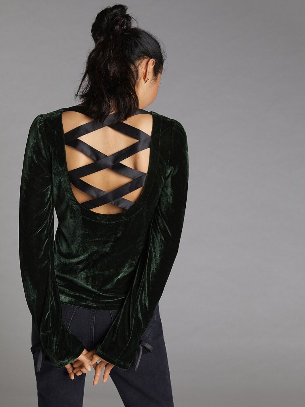 By Anthropologie Open-Back Velvet Top in Dark Green - sz L - Picture 1 of 10